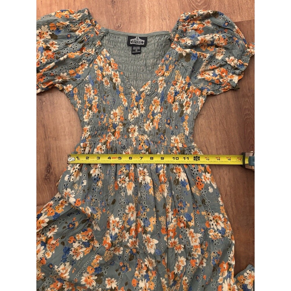 Angie Women’s S Gray Floral Cotton-Rayon Eyelet Smocked V-Neck Puff Sleeve Dress - Picture 15 of 16